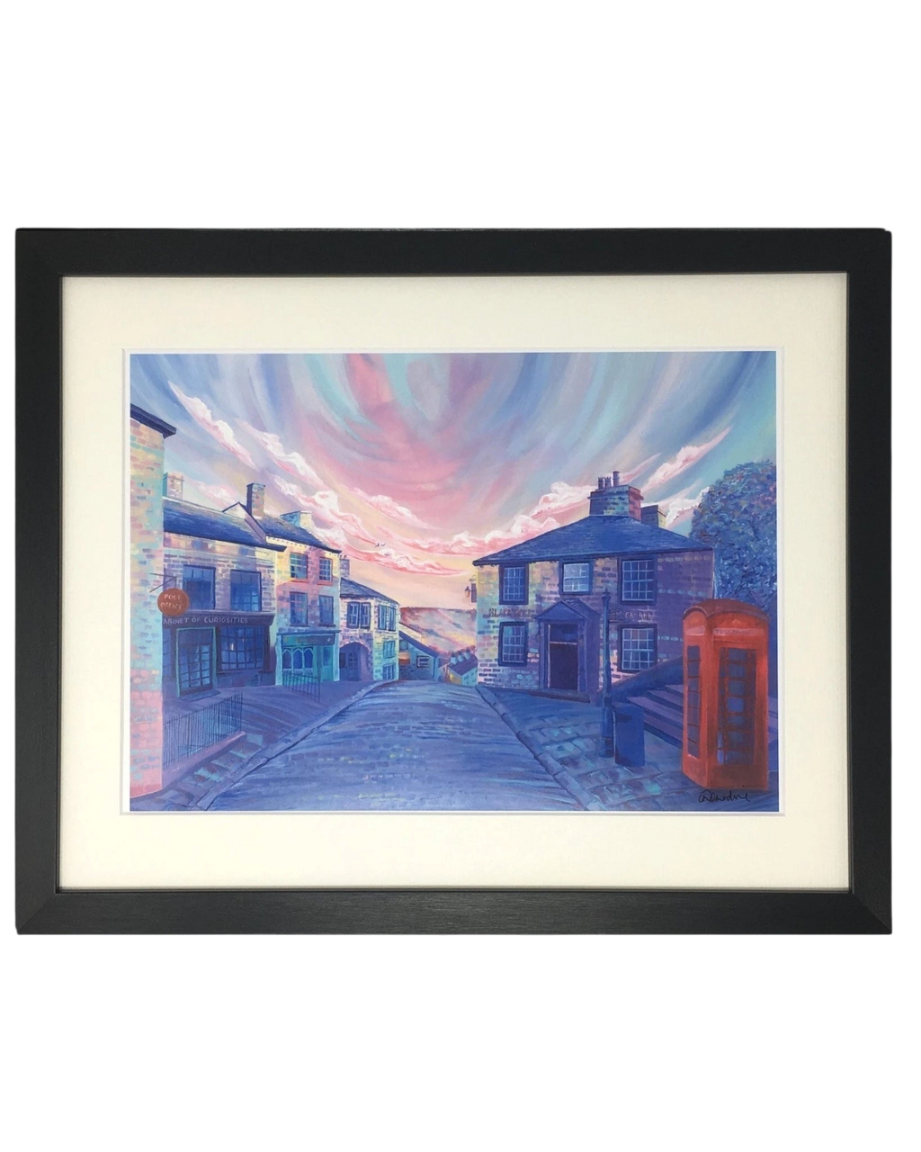 LighthouseLane framed Haworth Brow Main Street print featuring a hand-painted Yorkshire landscape at sunset.