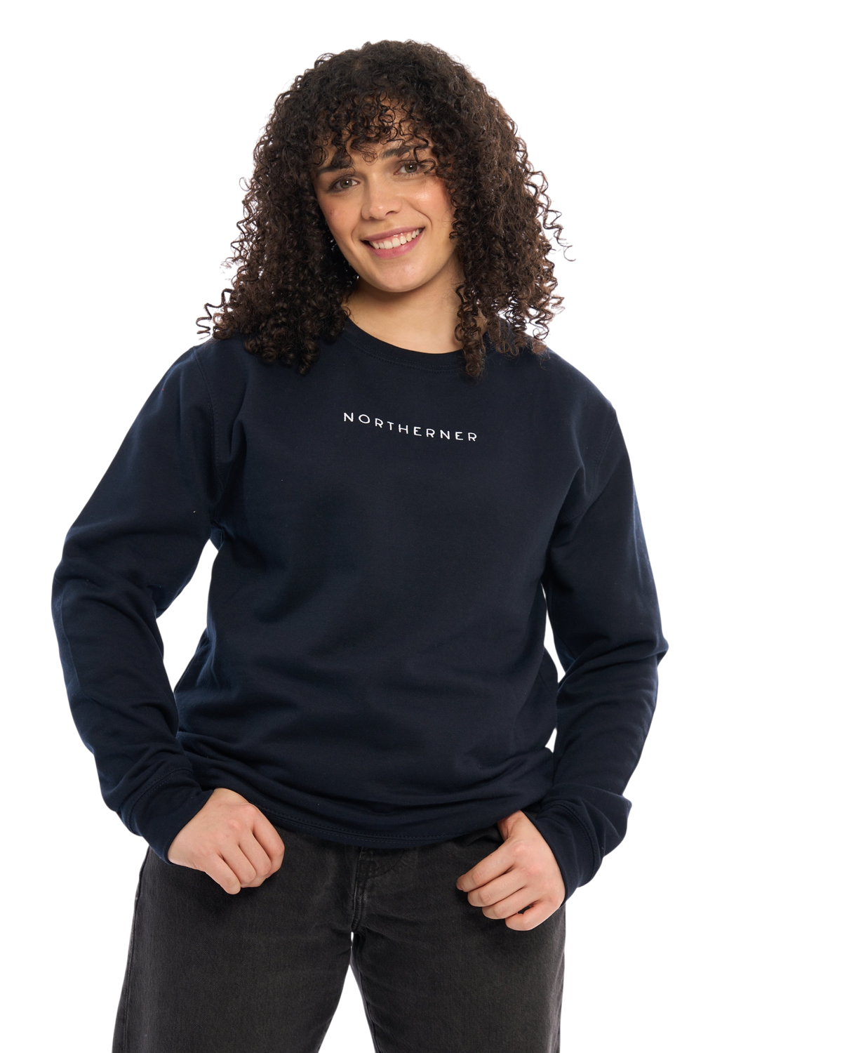 Model wearing a navy blue LighthouseLane Northerner embroidered unisex sweatshirt with a relaxed fit.