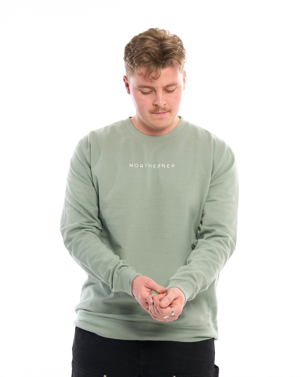 LighthouseLane sage green unisex Northerner embroidered sweatshirt worn by a man with a relaxed fit