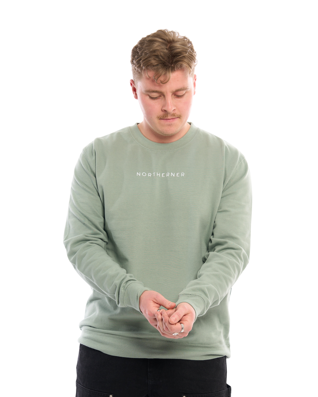 LighthouseLane sage green unisex Northerner embroidered sweatshirt worn by a man with a relaxed fit