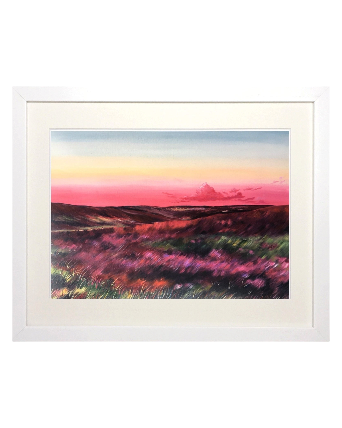 LighthouseLane framed print of Yorkshire Haworth moorland featuring vibrant purple heather and a pink sunset sky.