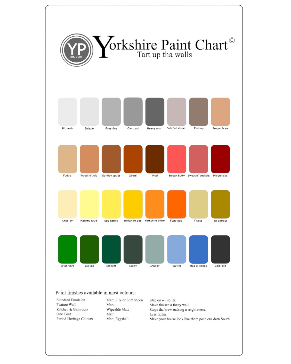 LighthouseLane Yorkshire Paint Chart cotton tea towel featuring humorous Northern colour names and hanging loop.