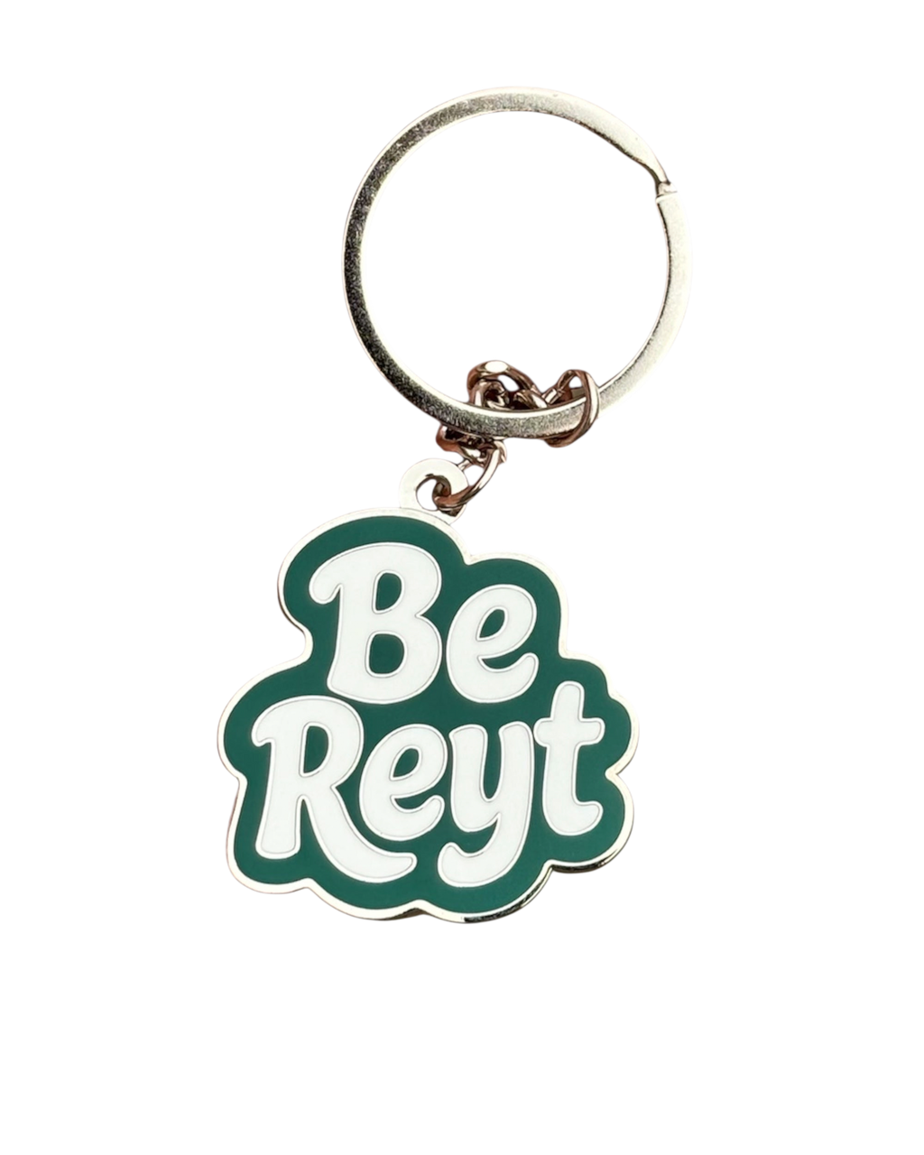 LighthouseLane Be Reyt enamel keyring in deep green with white text and a sturdy metal split ring.