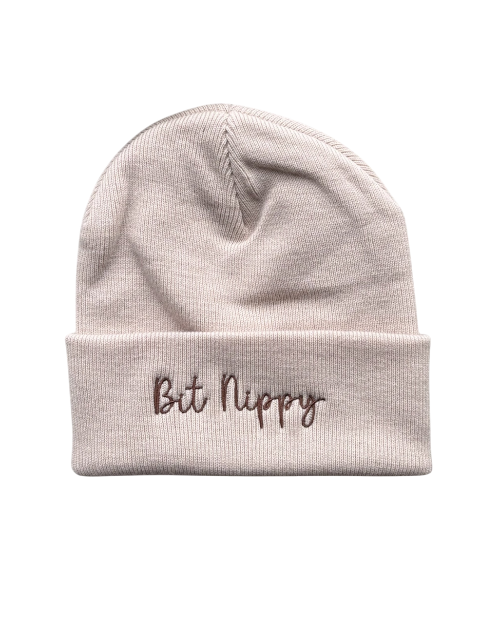 LighthouseLane cuffed beanie in soft beige with Bit Nippy embroidery in brown script