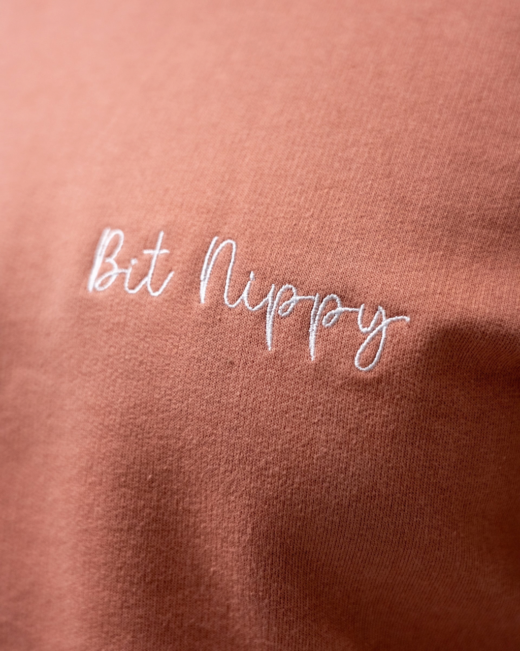 LighthouseLane Bit Nippy embroidered sweatshirt in terracotta cotton blend with white cursive text detail