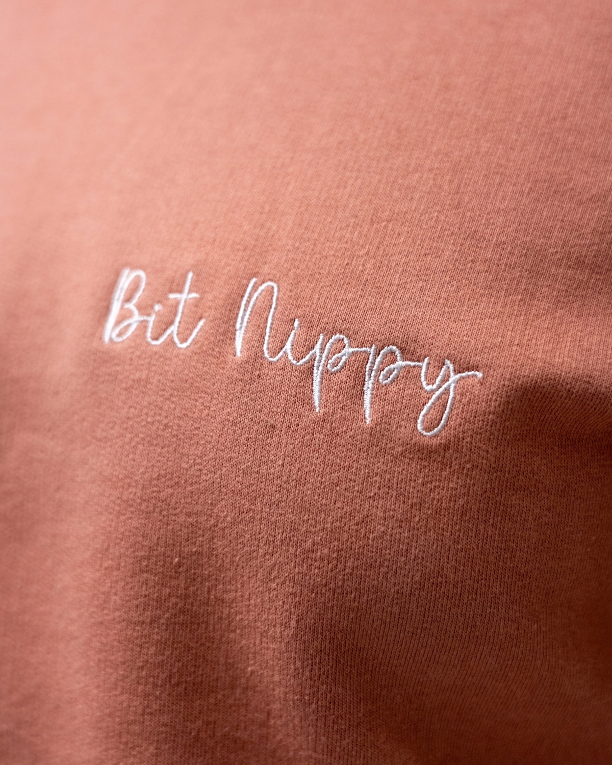 LighthouseLane Bit Nippy embroidered sweatshirt in terracotta cotton blend with white cursive text detail