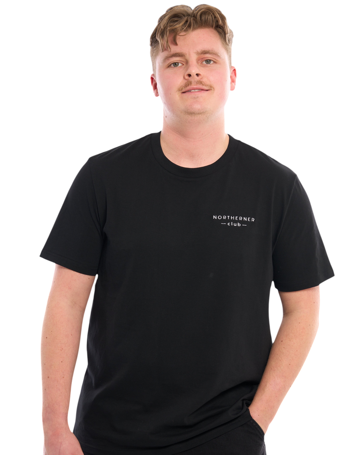 Model wearing a black LighthouseLane Northerner Club embroidered organic cotton unisex t-shirt