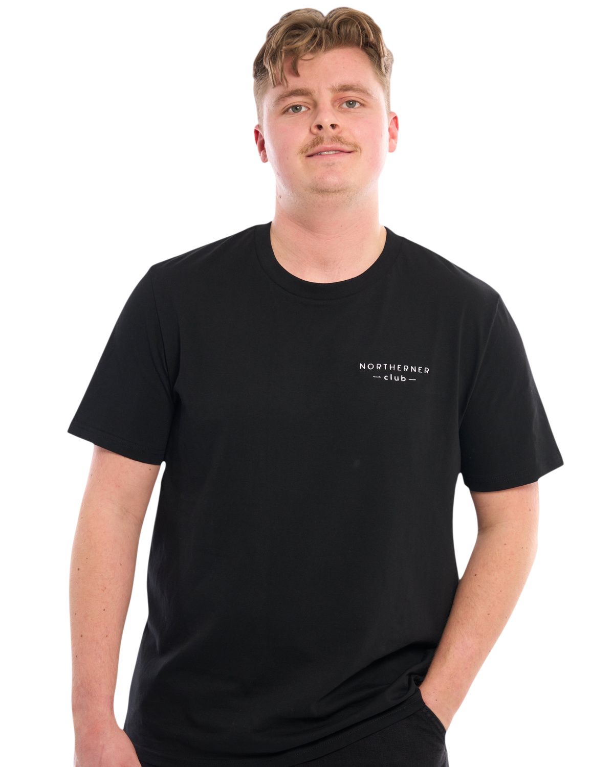 Model wearing a black LighthouseLane Northerner Club embroidered organic cotton unisex t-shirt