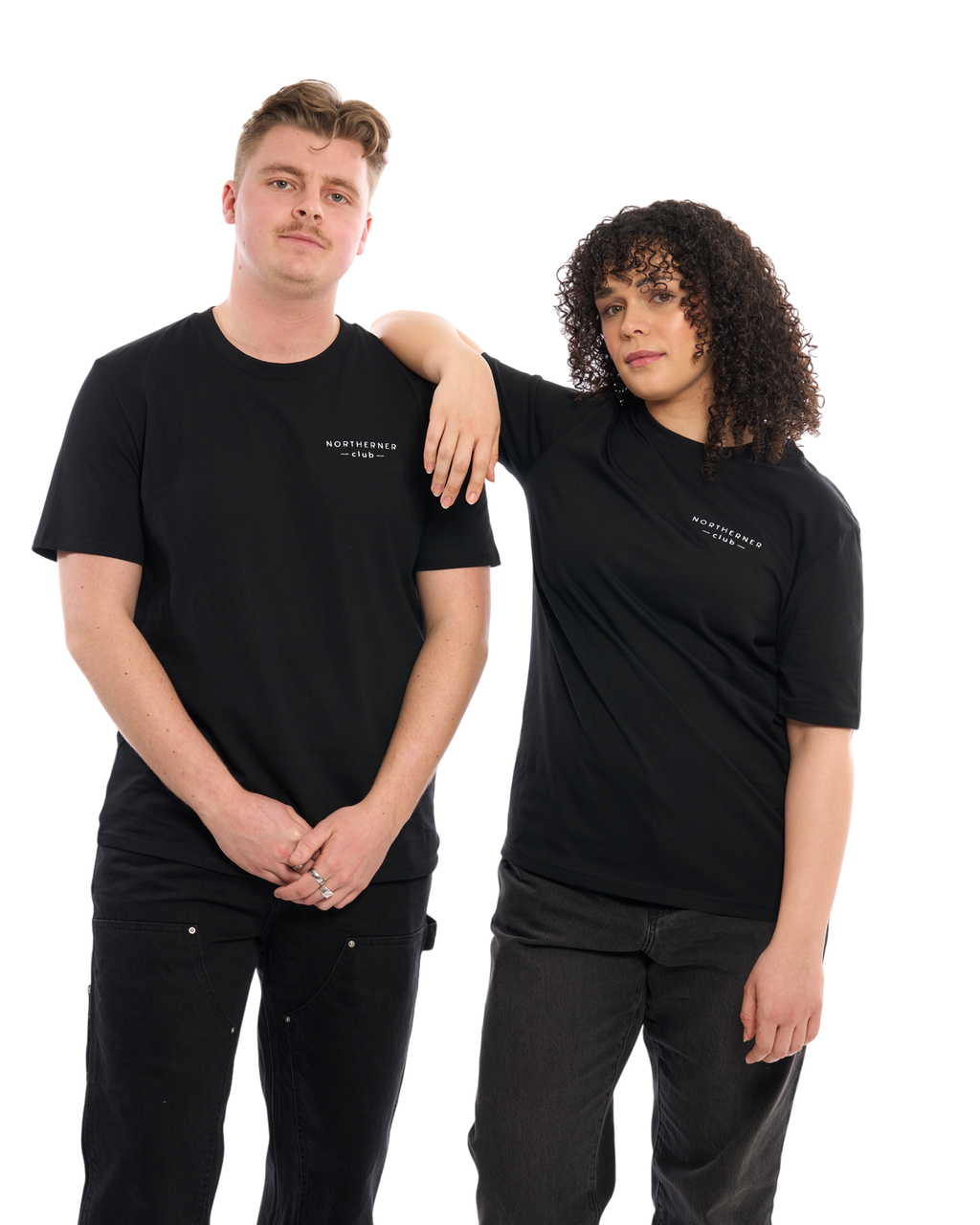 LighthouseLane unisex black organic cotton t-shirts with Northerner Club embroidered logo worn by a man and woman.