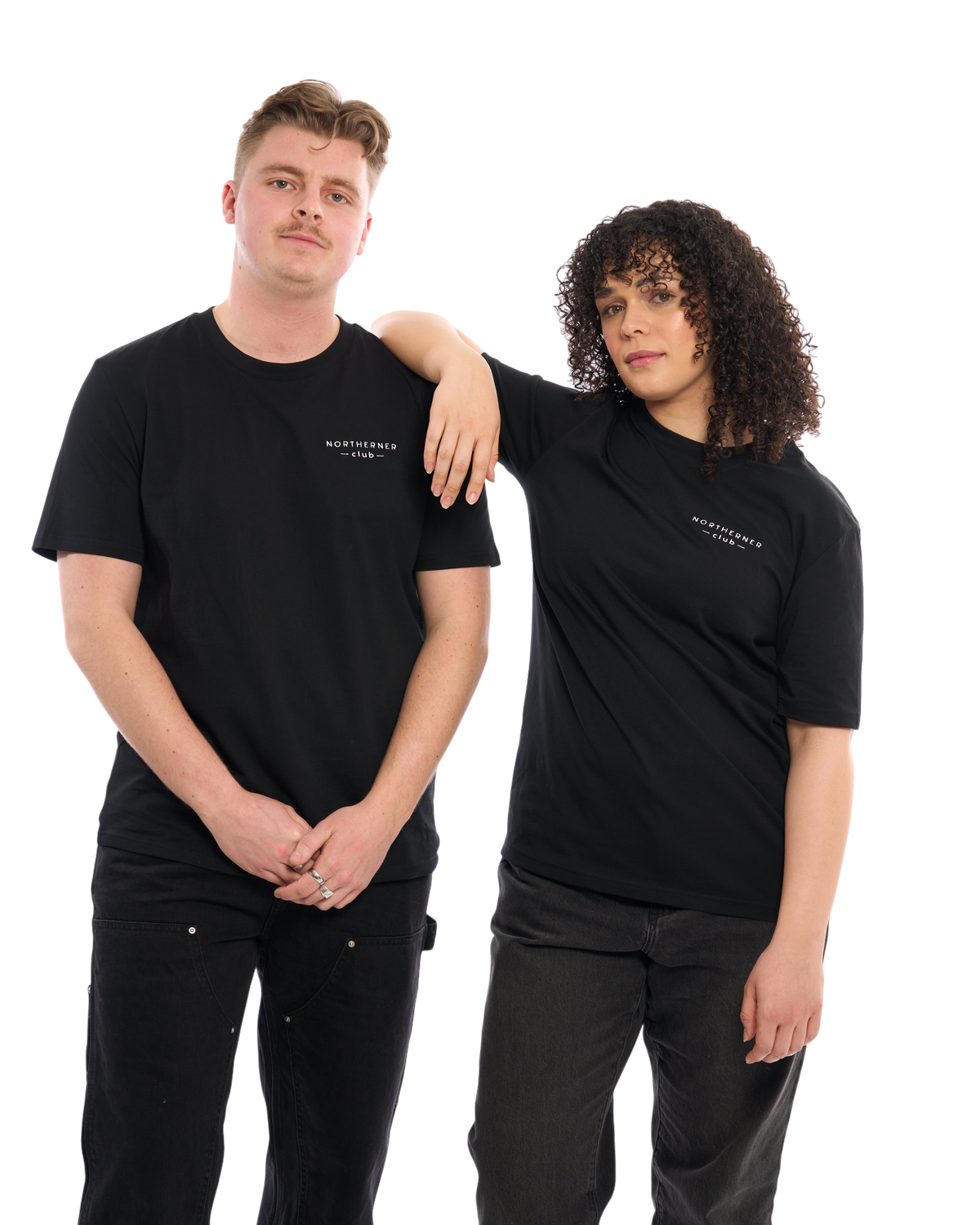 LighthouseLane unisex black organic cotton t-shirts with Northerner Club embroidered logo worn by a man and woman.