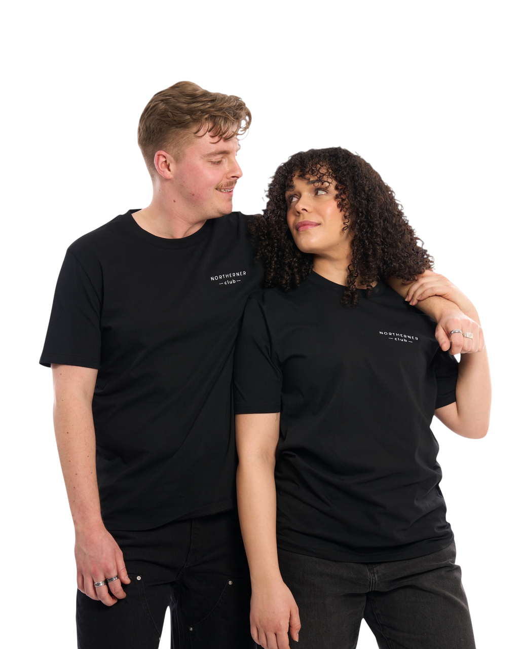 LighthouseLane unisex black organic cotton T-shirts with Northerner Club embroidery worn by a man and a woman.