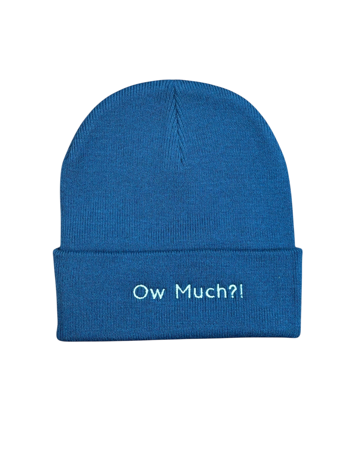 LighthouseLane blue cuffed beanie hat with Ow Much embroidered text in white, perfect for winter warmth.