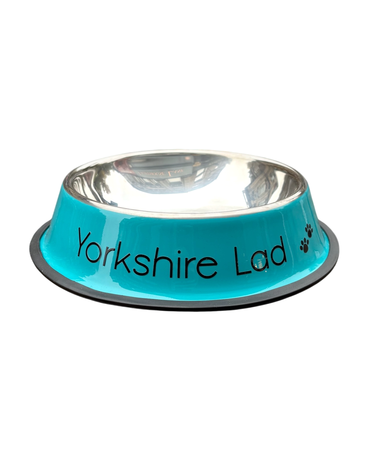LighthouseLane blue stainless steel dog bowl with Yorkshire Lad text and paw print design for food or water