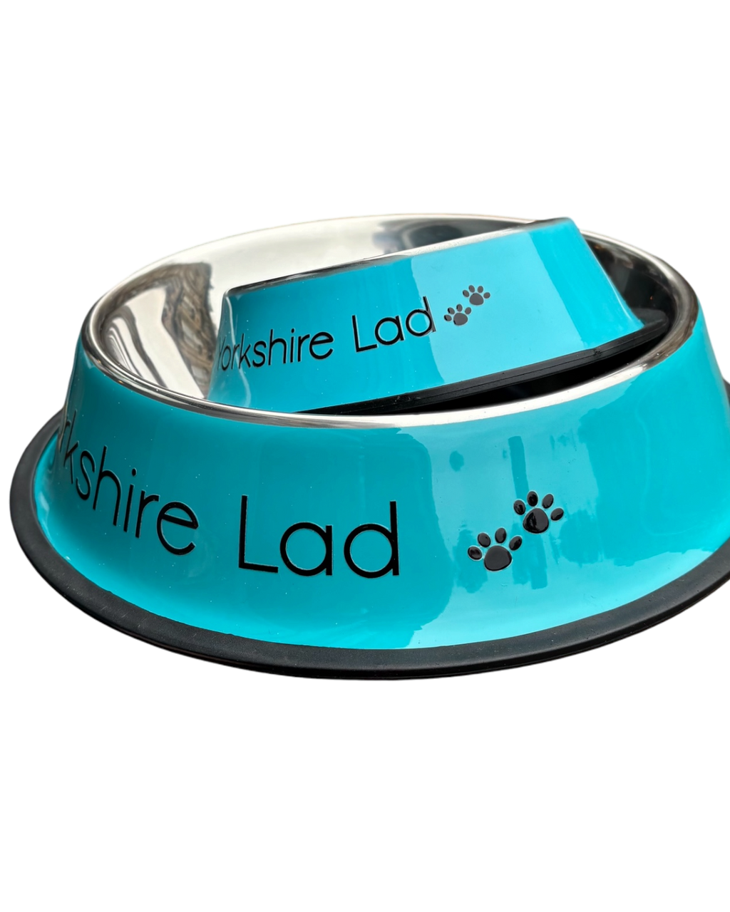 LighthouseLane blue stainless steel dog bowls with Yorkshire Lad text and paw print design in two sizes
