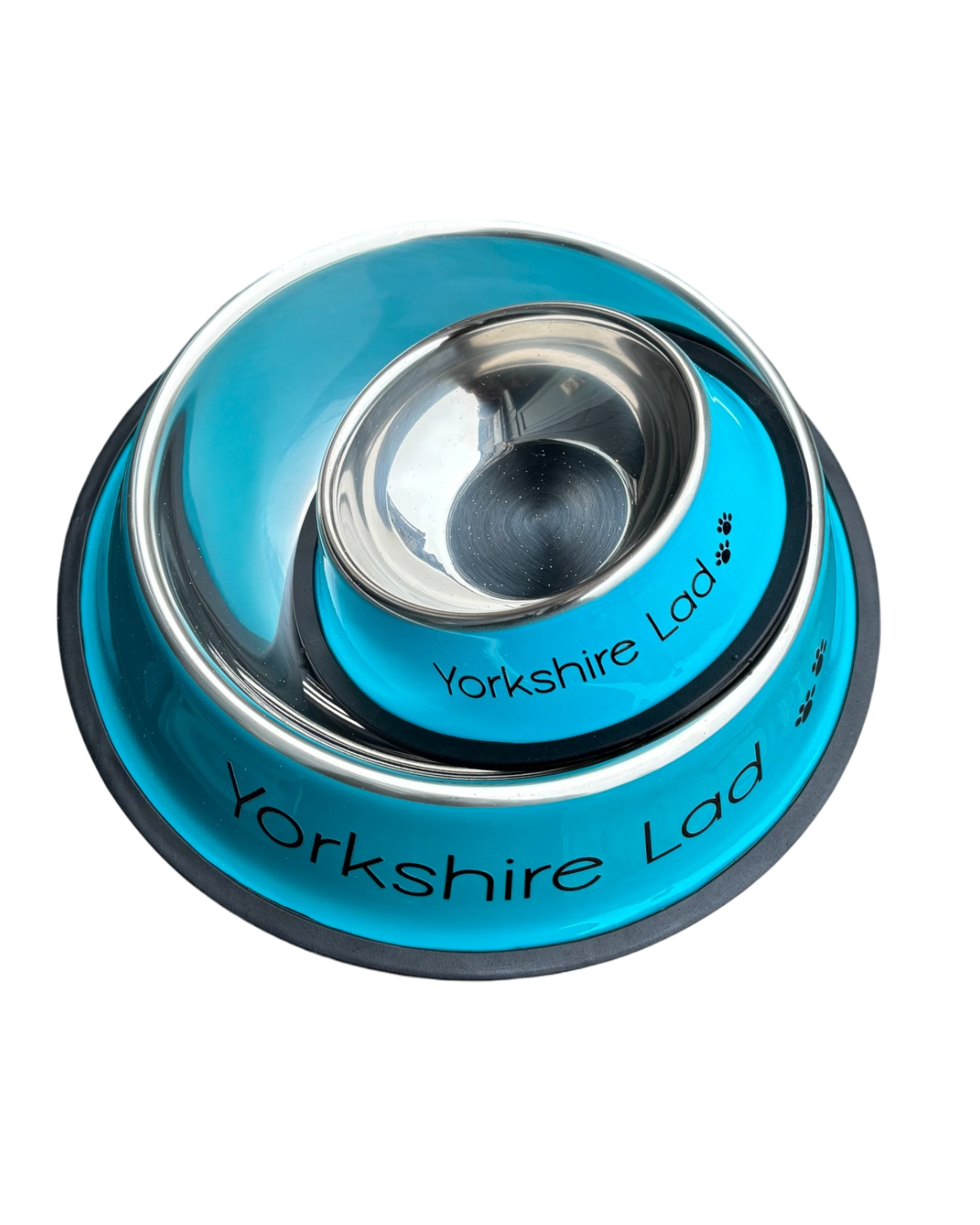LighthouseLane blue stainless steel Yorkshire Lad dog bowls in two sizes stacked on a white background