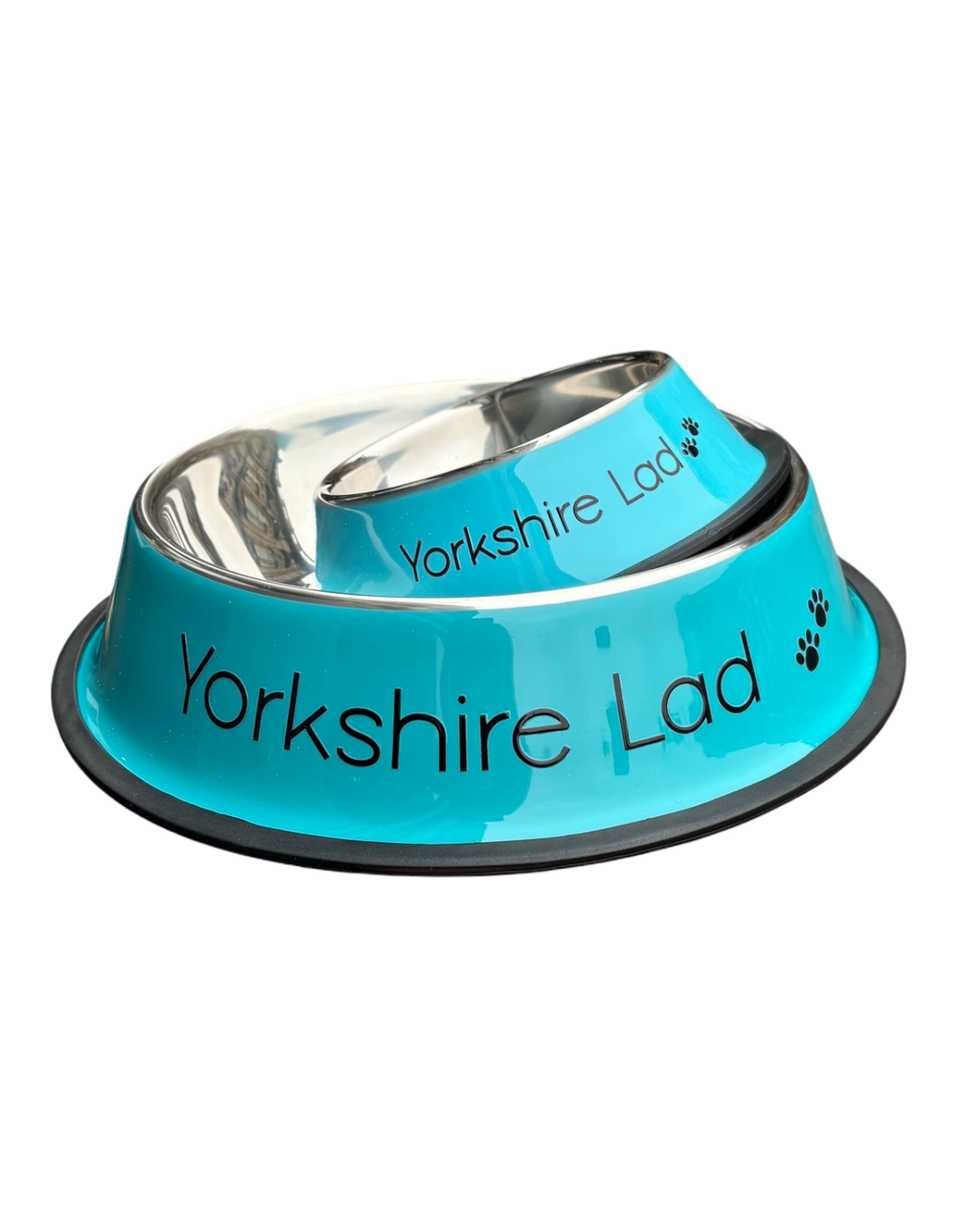 LighthouseLane blue stainless steel dog bowls with Yorkshire Lad text and paw print design in two sizes.