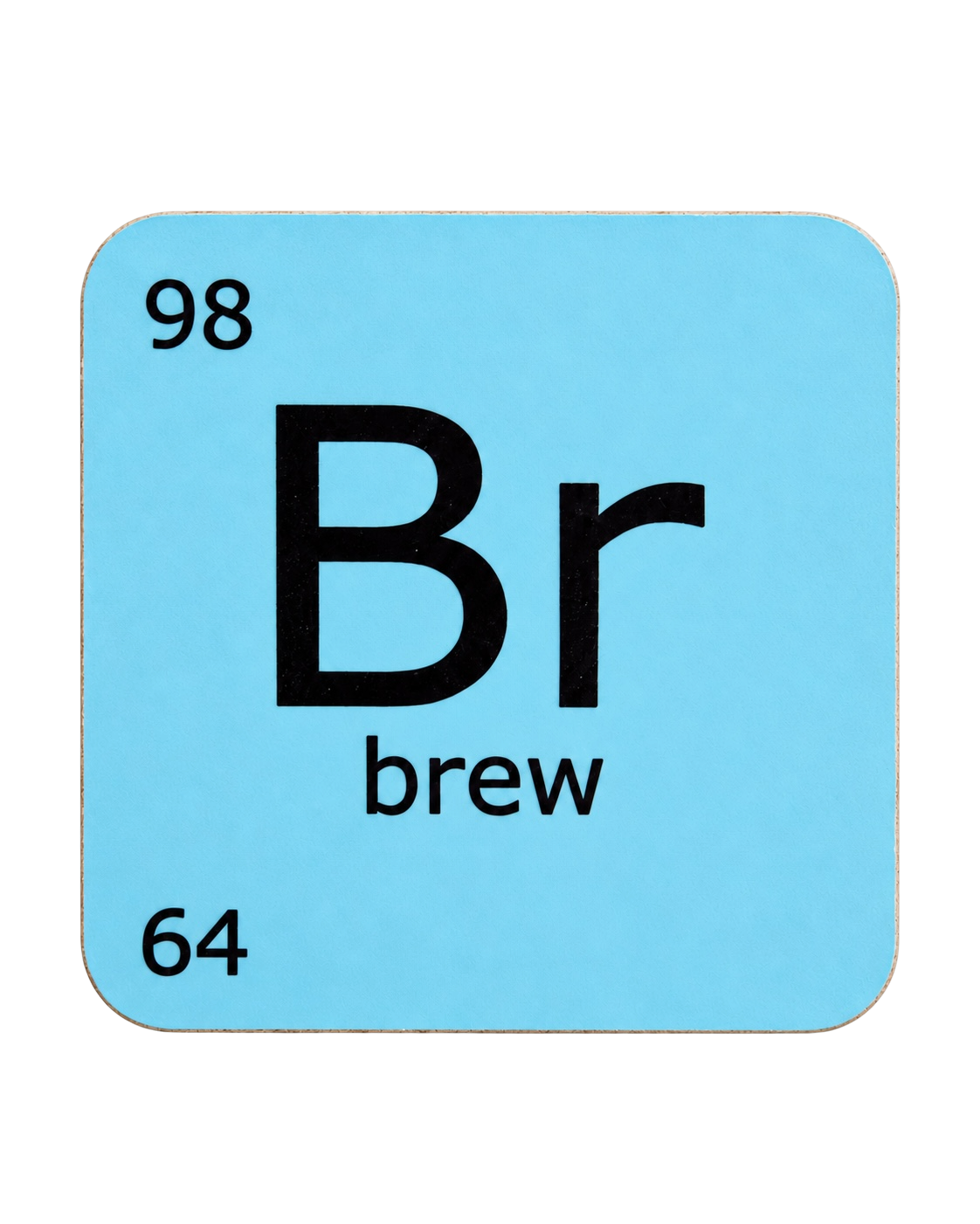 LighthouseLane hardback drink coaster with a light blue periodic table design featuring the word Brew