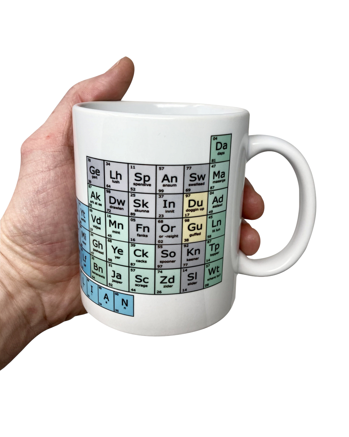 LighthouseLane white ceramic mug featuring a colourful Bristolian dialect periodic table design held in a hand.