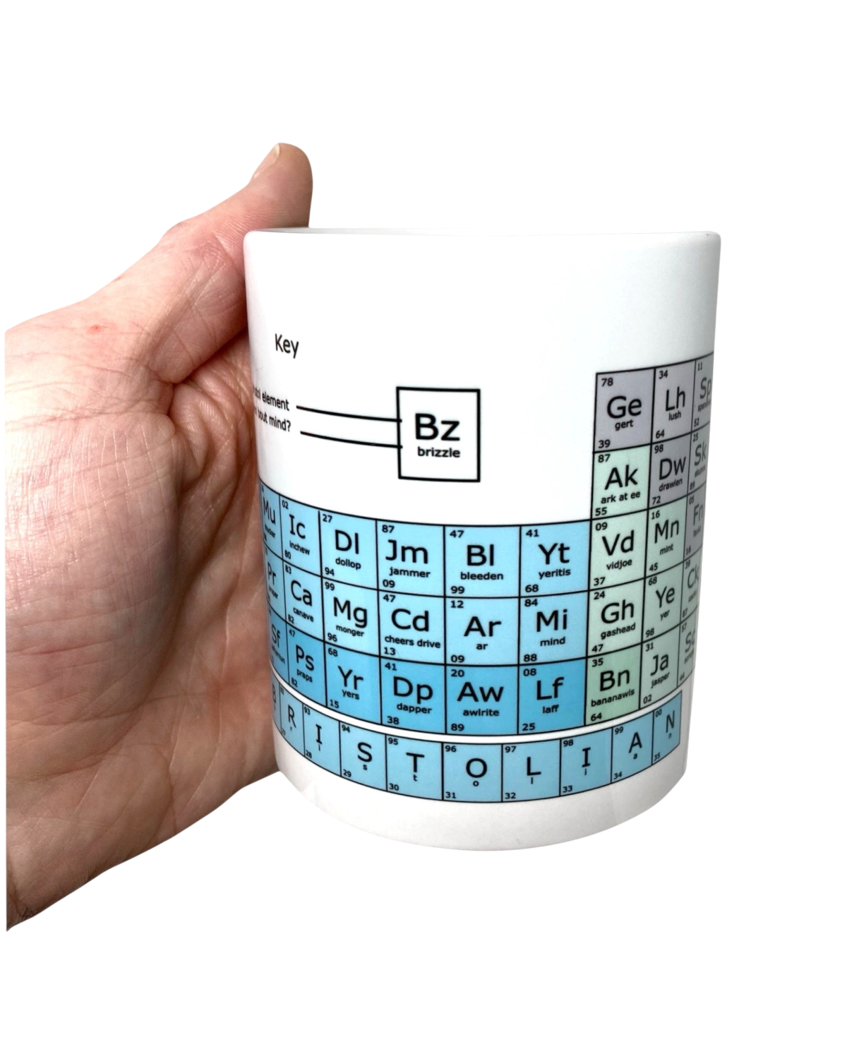 LighthouseLane white ceramic mug featuring a Bristolian periodic table design with local dialect phrases.