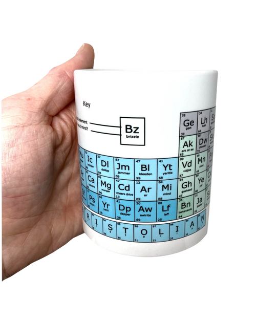 LighthouseLane white ceramic mug featuring a Bristolian periodic table design with local dialect phrases.