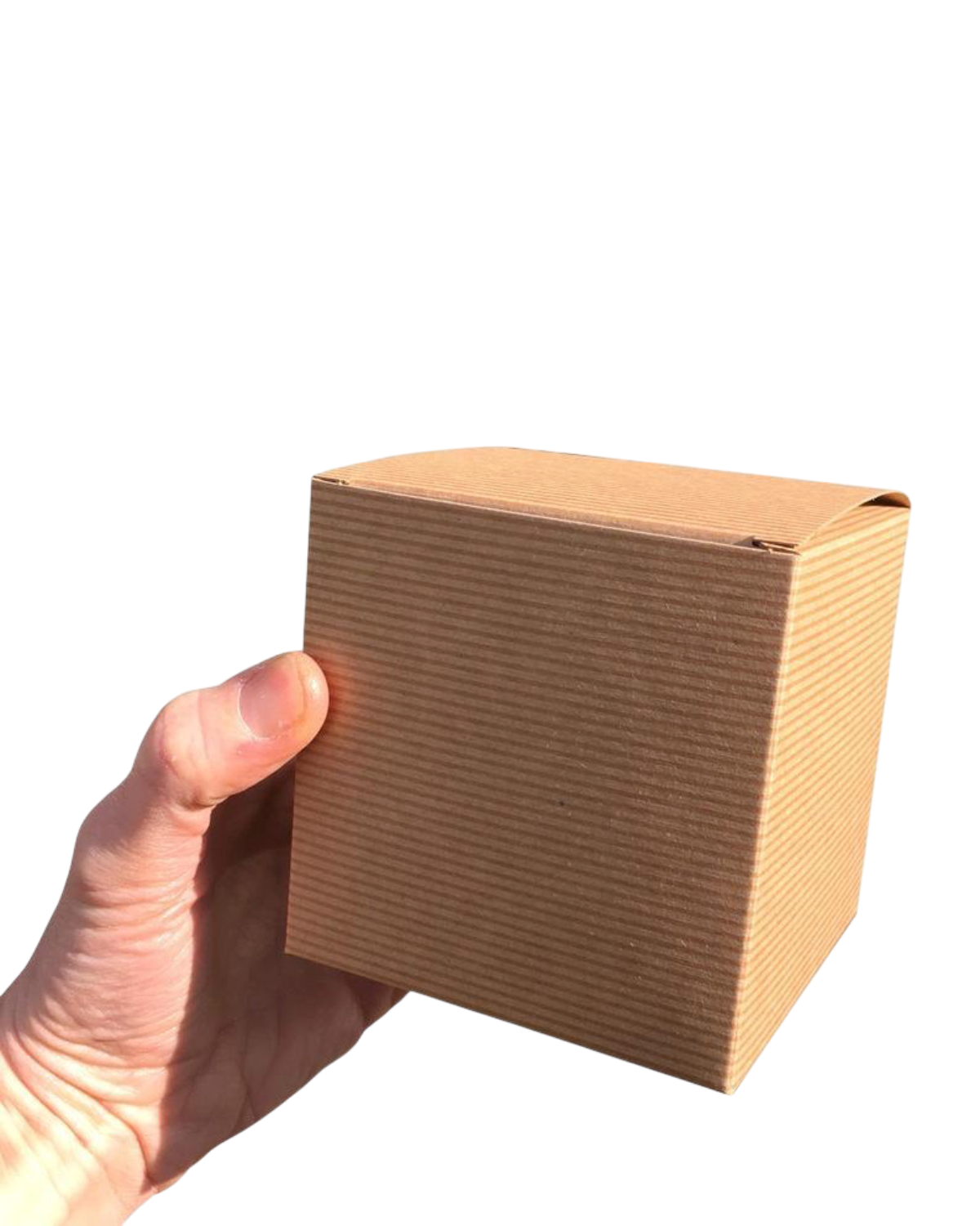 A hand holding a brown corrugated cardboard gift box for a LighthouseLane Bristolian periodic table mug.