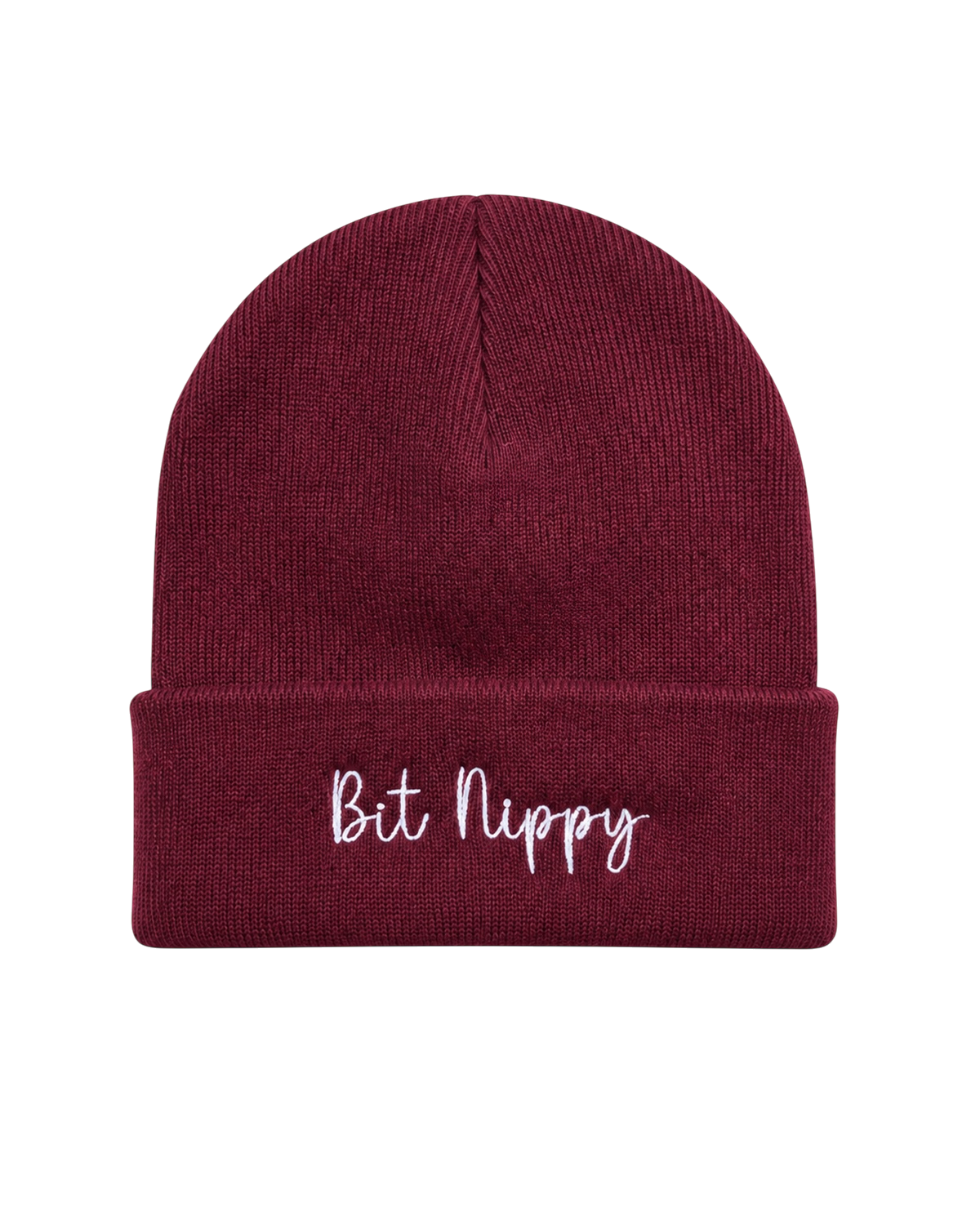 LighthouseLane burgundy cuffed beanie with Bit Nippy embroidered in white script on the front