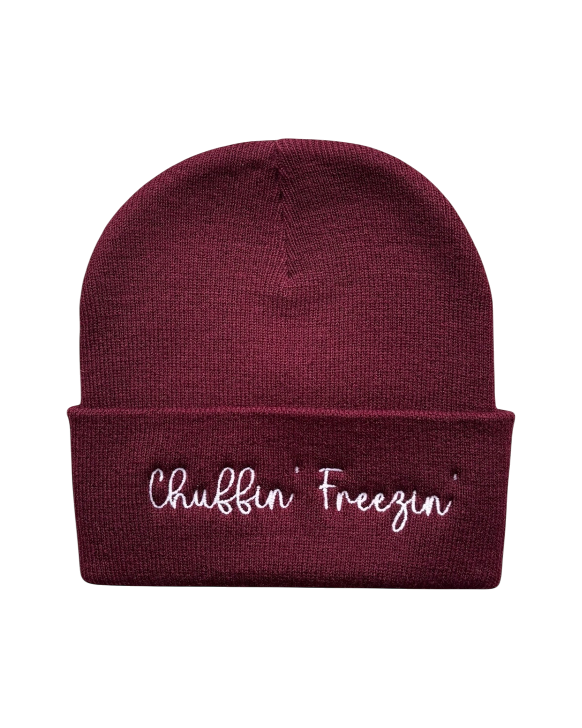 LighthouseLane burgundy cuffed beanie with white Chuffin' Freezin' embroidery, soft winter knit hat.