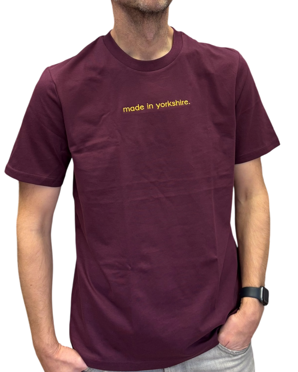 LighthouseLane burgundy organic cotton unisex t-shirt with yellow embroidered Made in Yorkshire slogan on the chest