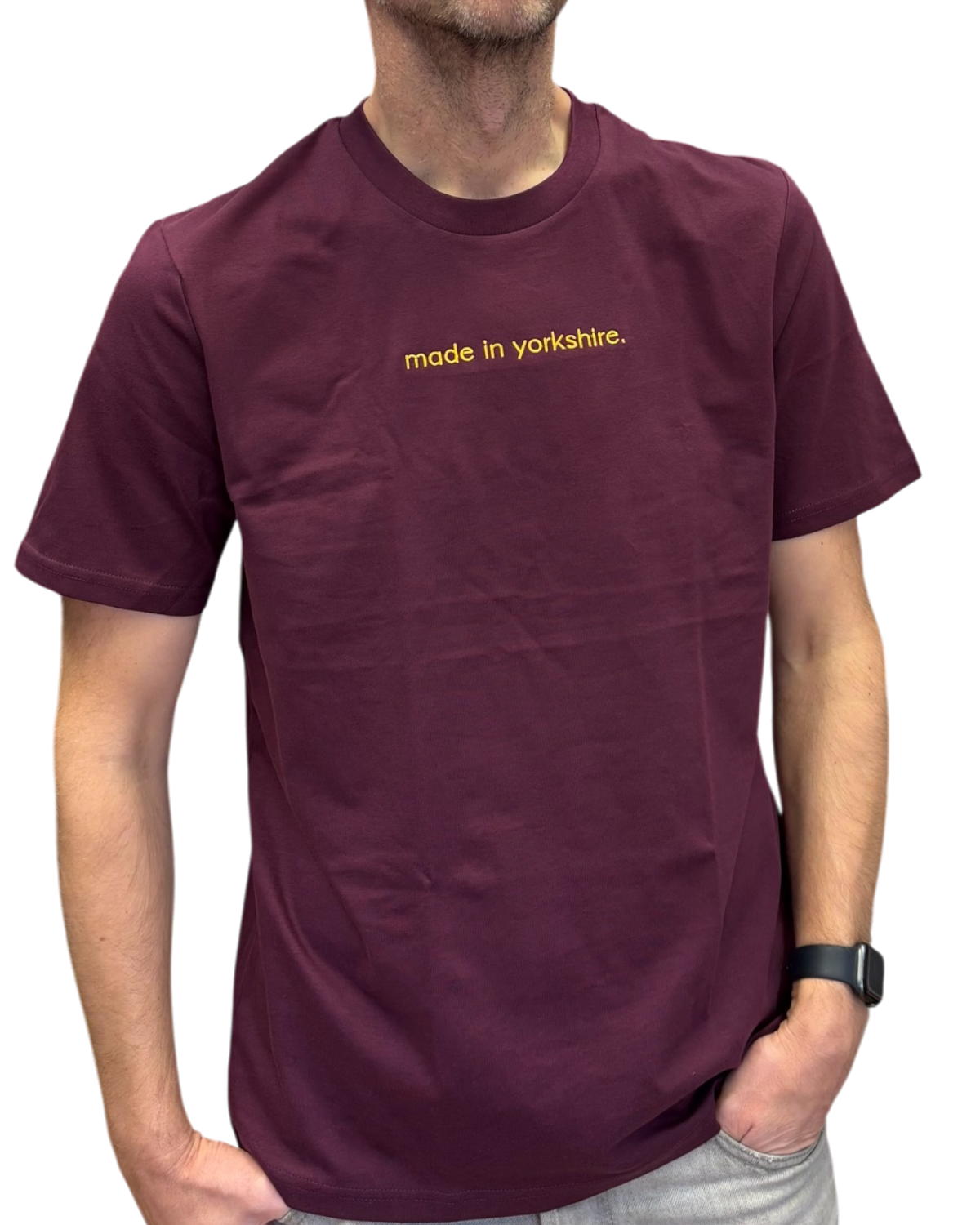 LighthouseLane burgundy organic cotton unisex t-shirt with yellow embroidered Made in Yorkshire slogan on the chest