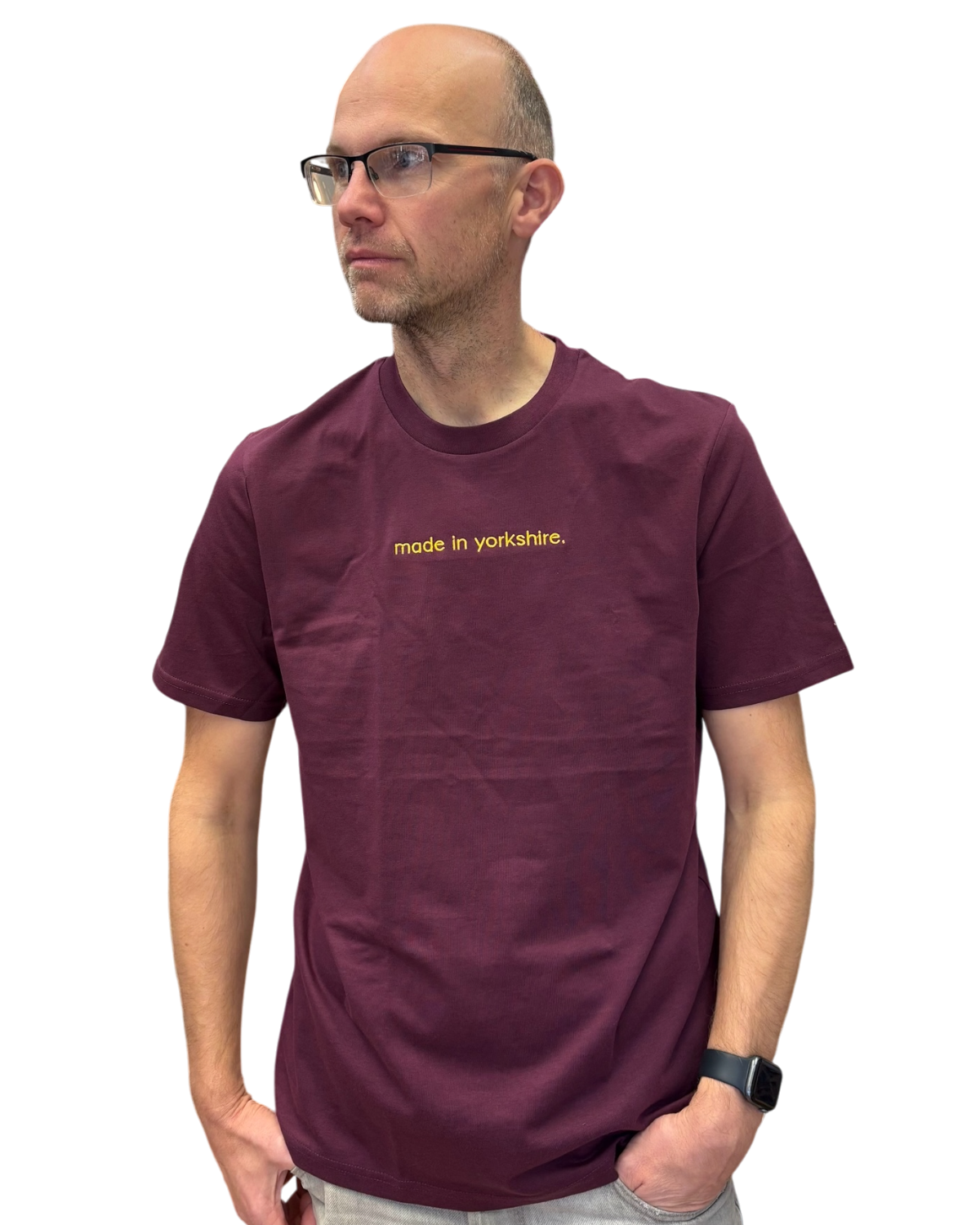 LighthouseLane unisex burgundy organic cotton t-shirt with yellow embroidered Made in Yorkshire slogan on chest