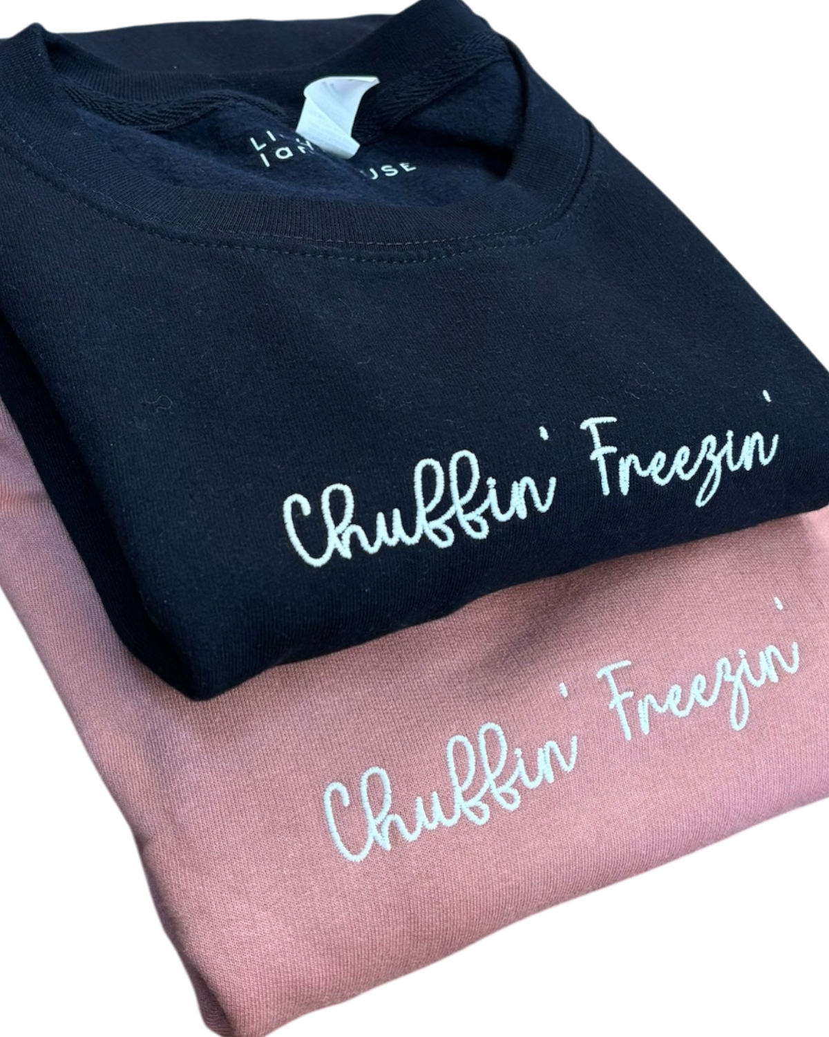 LighthouseLane black and dusty pink unisex sweatshirts with white Chuffin Freezin embroidered slogan