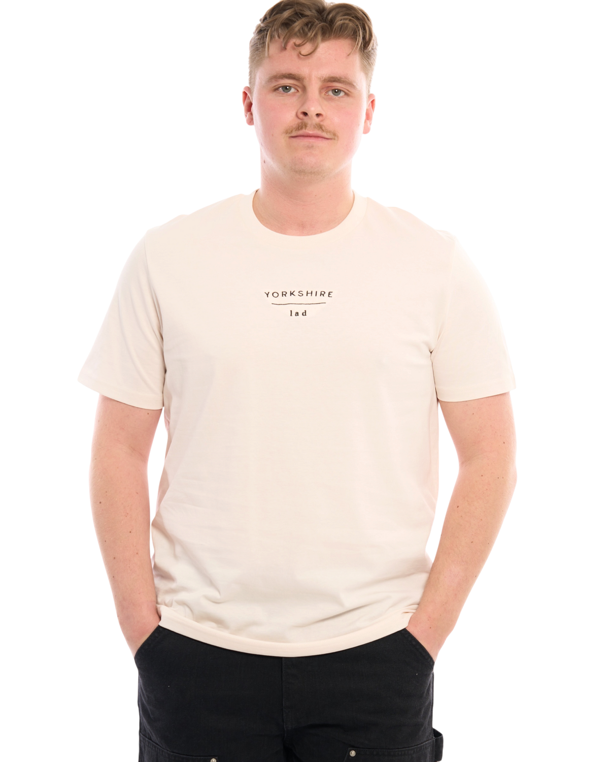 LighthouseLane unisex organic cotton t-shirt in cream with Yorkshire Lad embroidery worn by a male model