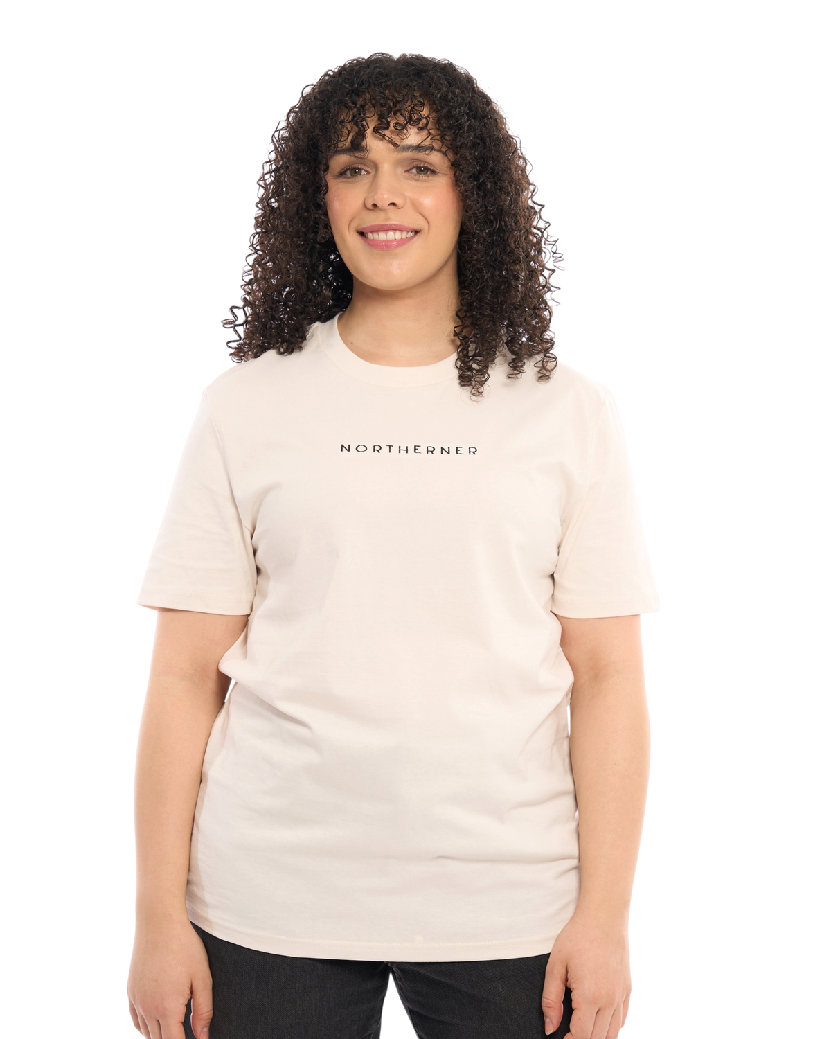 LighthouseLane unisex cream organic cotton T-shirt with Northerner embroidered slogan worn by a smiling woman