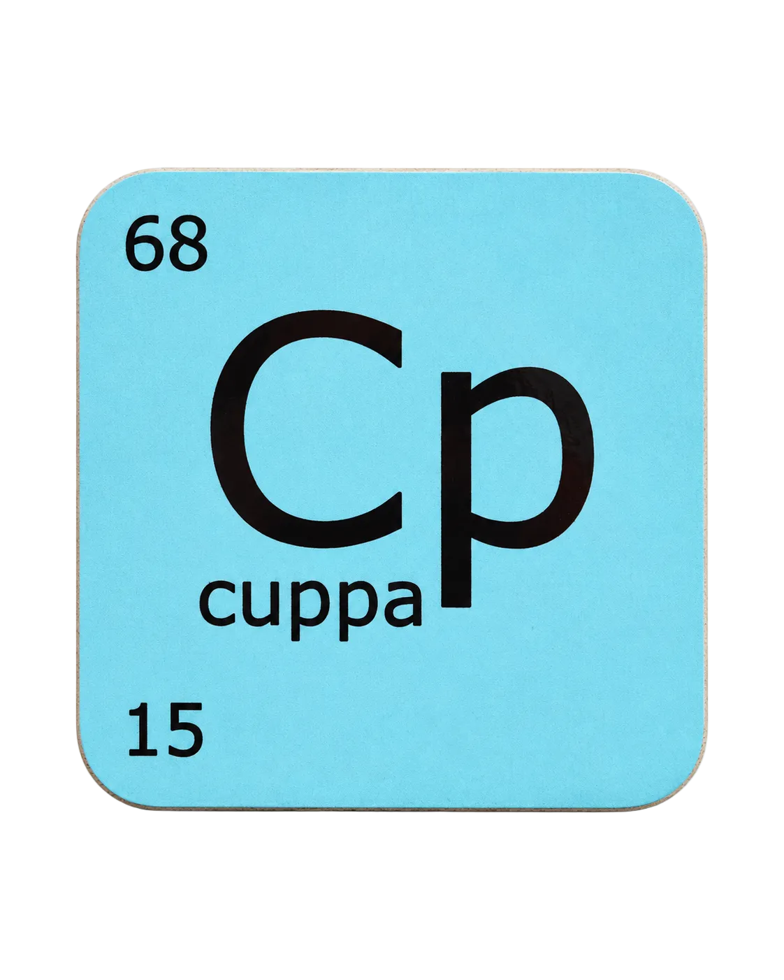 LighthouseLane hardback drink coaster featuring a light blue periodic table style design with the word Cuppa