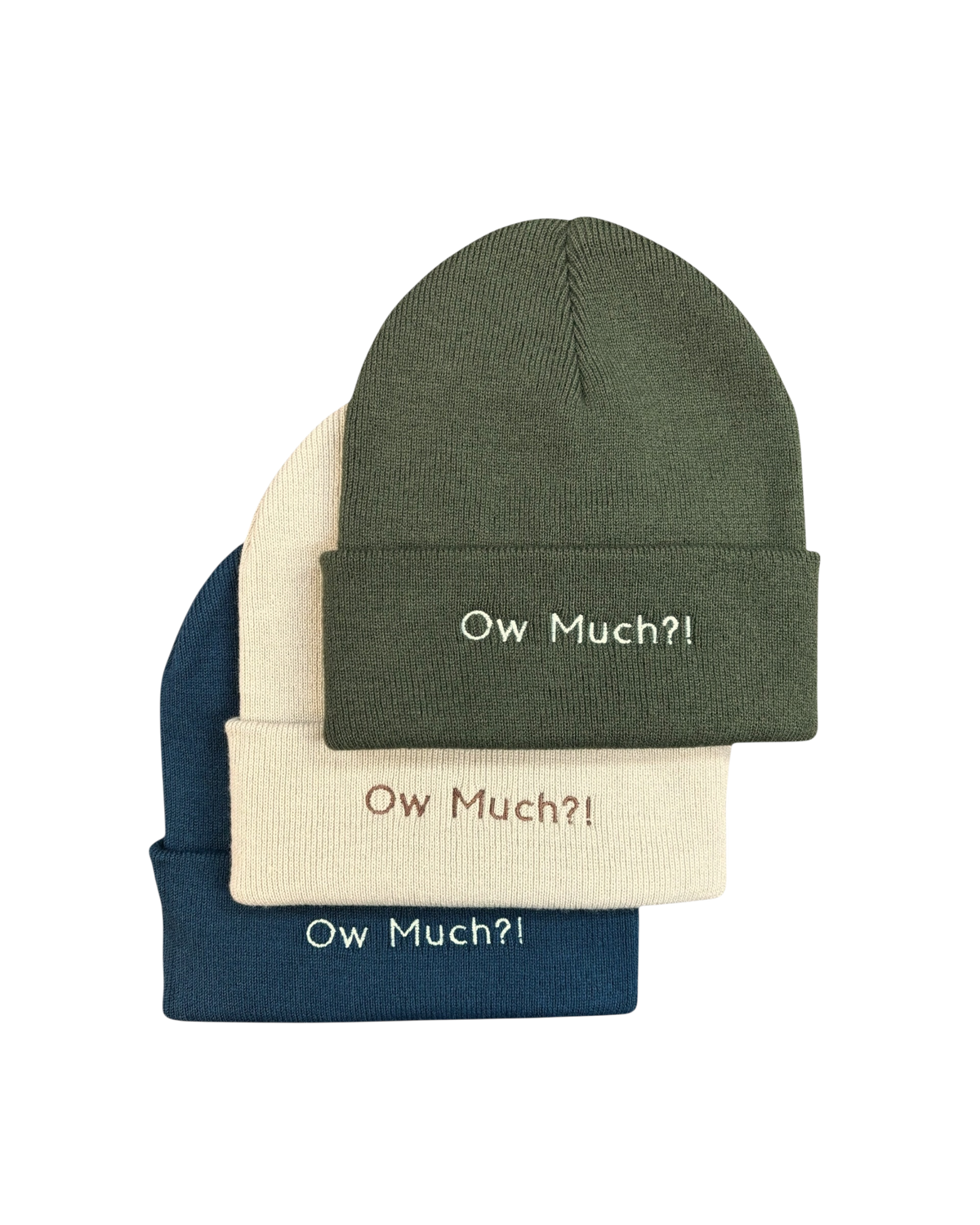 LighthouseLane cuffed beanie hats in olive, cream, and navy with Ow Much embroidered text on the front