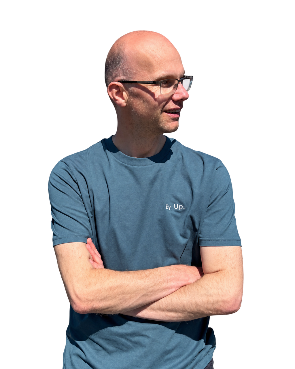 LighthouseLane unisex blue organic cotton t-shirt with Ey Up embroidery worn by a man with glasses
