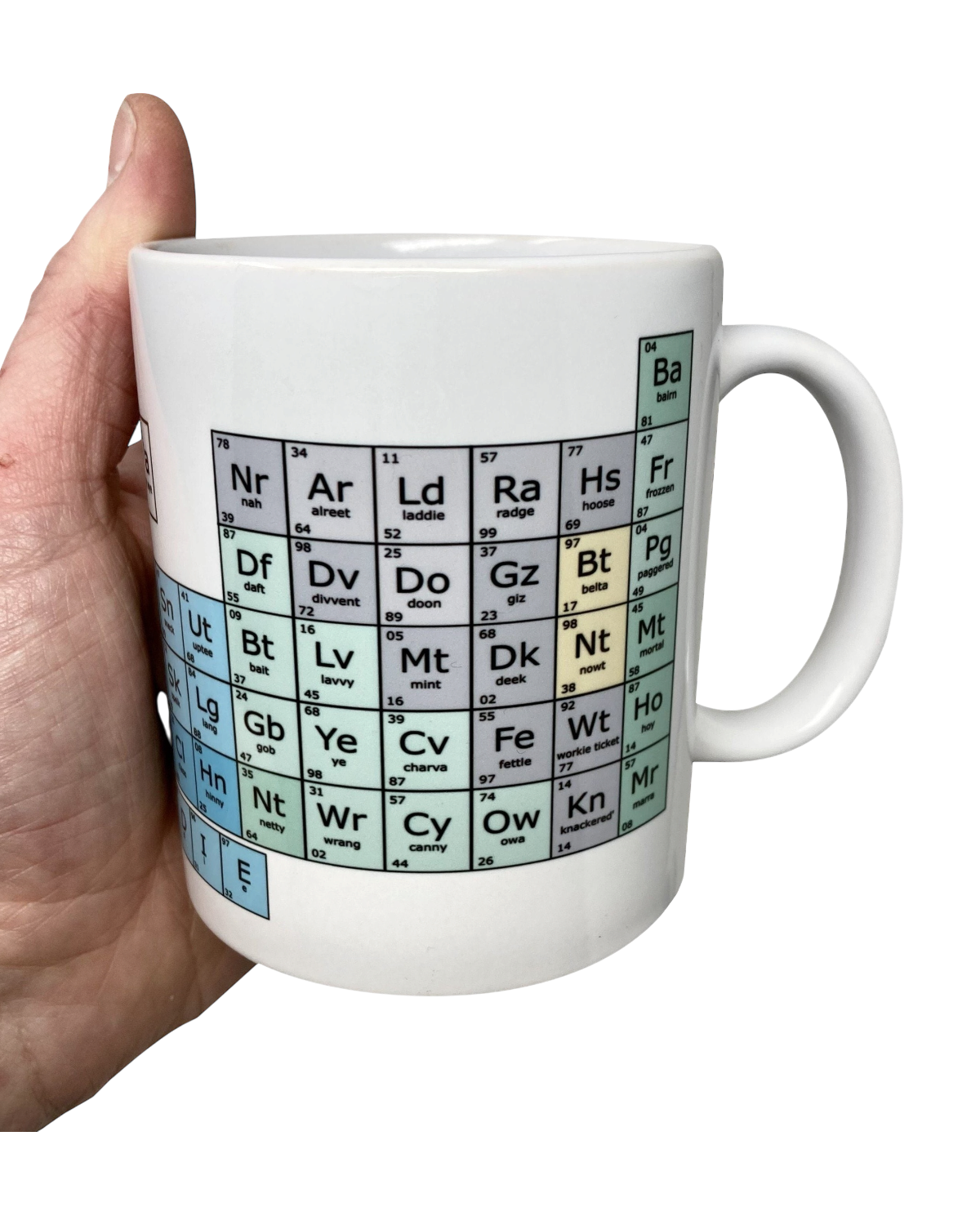 LighthouseLane ceramic mug featuring a humorous Geordie periodic table design with Northern slang on a white background