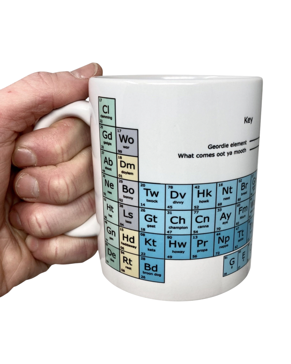 LighthouseLane white ceramic mug featuring a colourful Geordie dialect periodic table design held in a hand.
