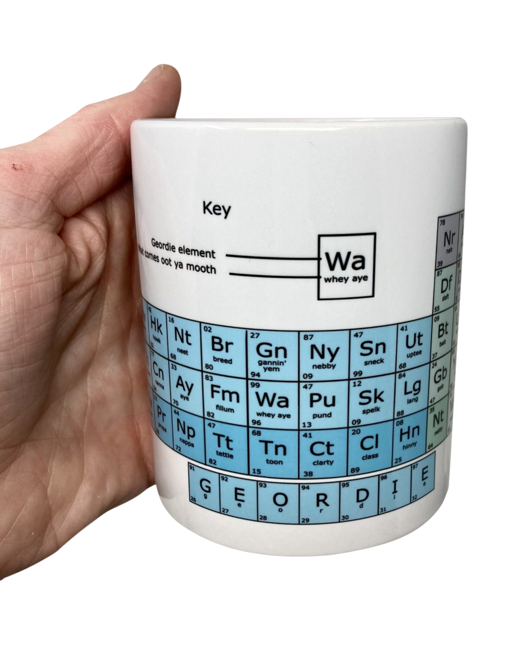 LighthouseLane ceramic mug featuring a humorous Geordie periodic table design with Northern phrases held in a hand