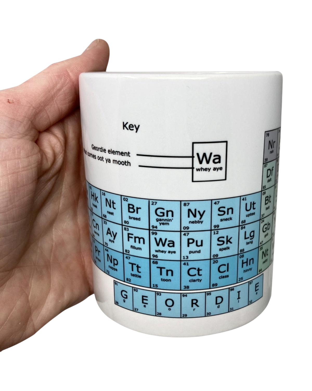 LighthouseLane ceramic mug featuring a humorous Geordie periodic table design with Northern phrases held in a hand