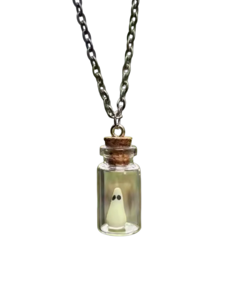 LighthouseLane glow in the dark ghost necklace featuring a miniature glass bottle with a cork stopper and silver chain.