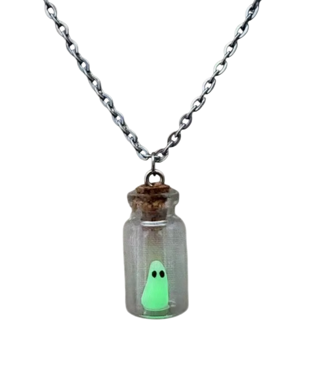 LighthouseLane glow in the dark ghost necklace featuring a resin ghost inside a glass bottle with a silver chain