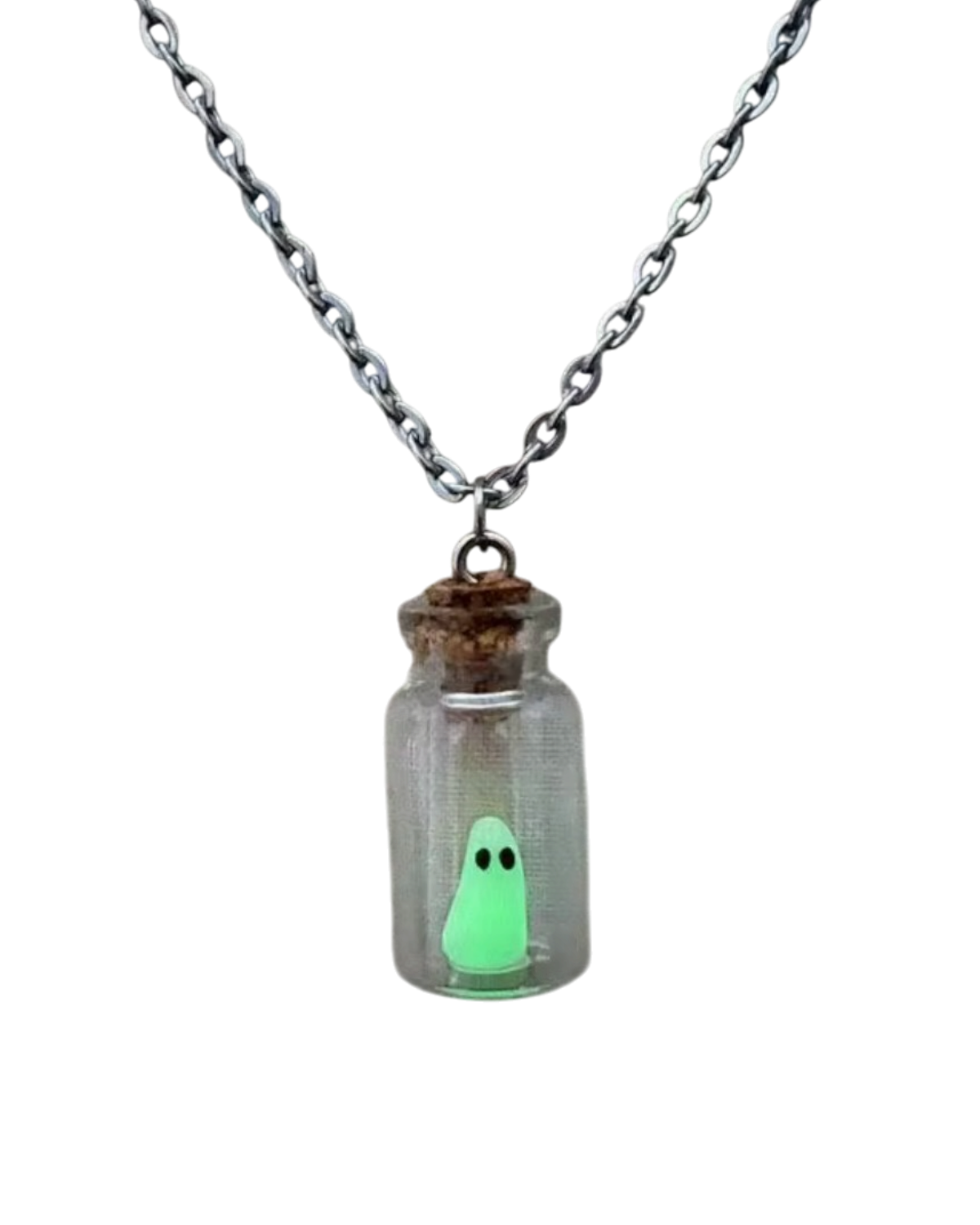 LighthouseLane glow in the dark ghost necklace featuring a resin ghost inside a glass bottle with a silver chain