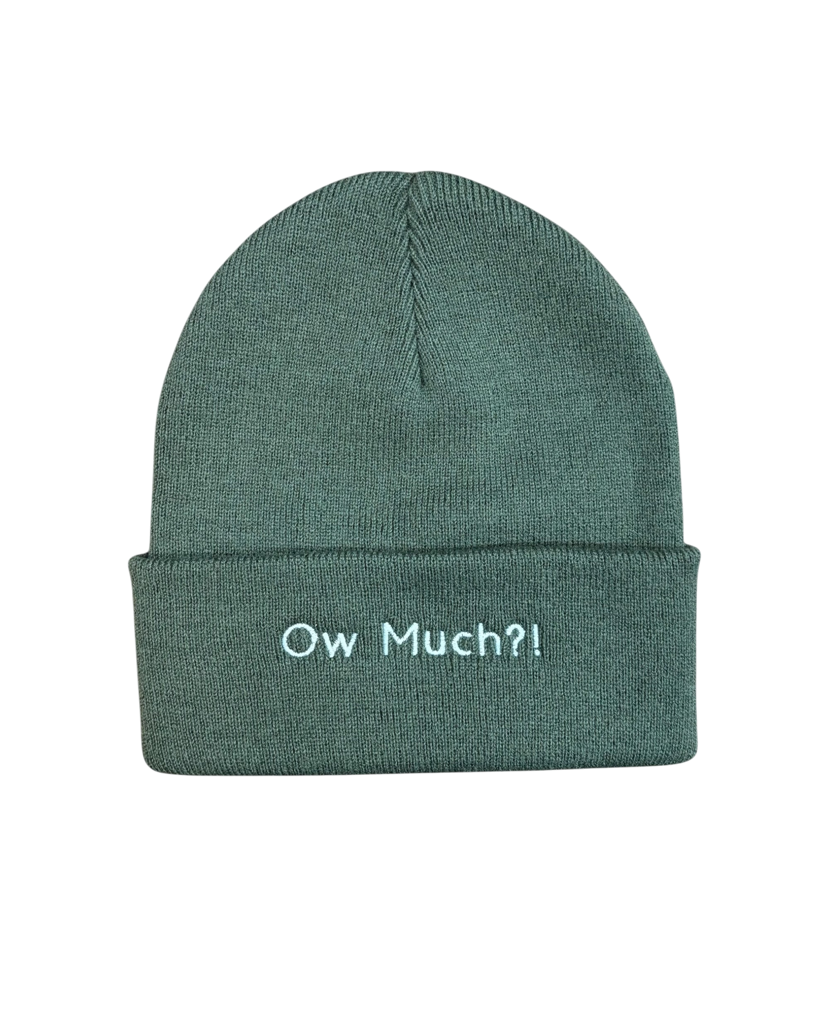 LighthouseLane cuffed beanie in green with white Ow Much embroidered text, perfect for winter warmth