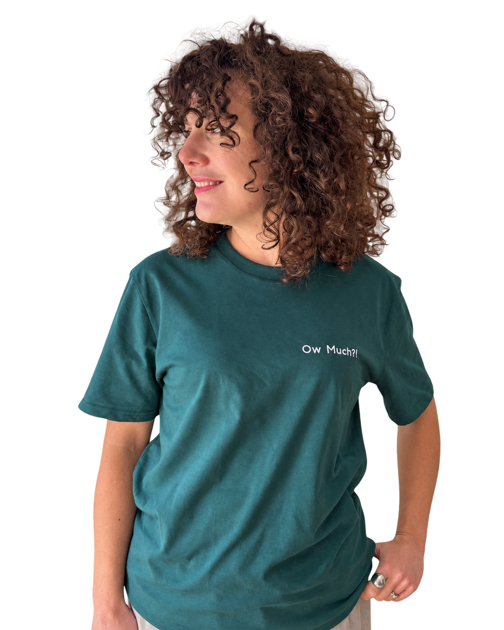 Woman wearing a LighthouseLane dark green organic cotton t-shirt with Ow Much embroidered slogan on the chest