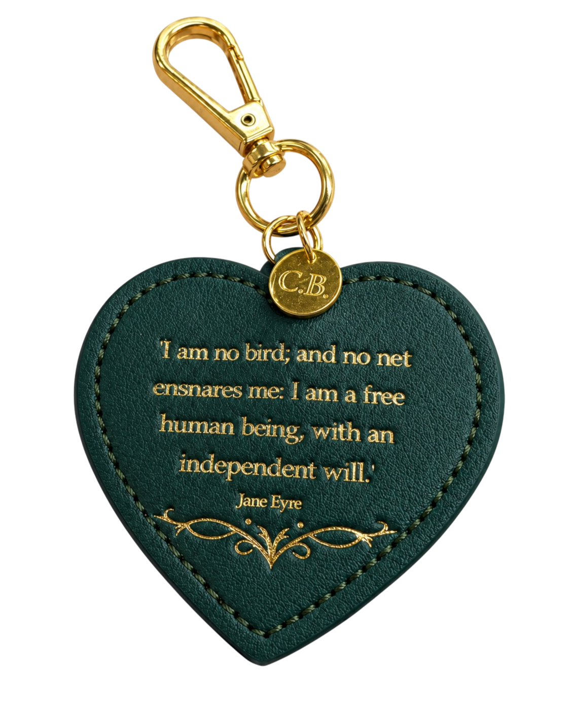LighthouseLane heart-shaped green keyring with Jane Eyre quote in gold lettering and a gold-tone clip.