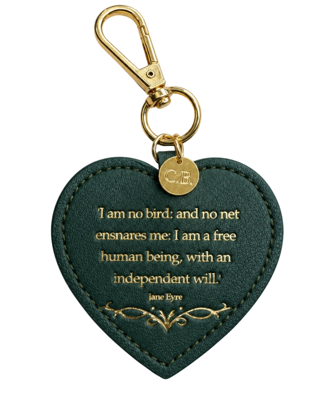 LighthouseLane heart-shaped green keyring with gold Jane Eyre quote, stitched leather-look finish and gold clip.