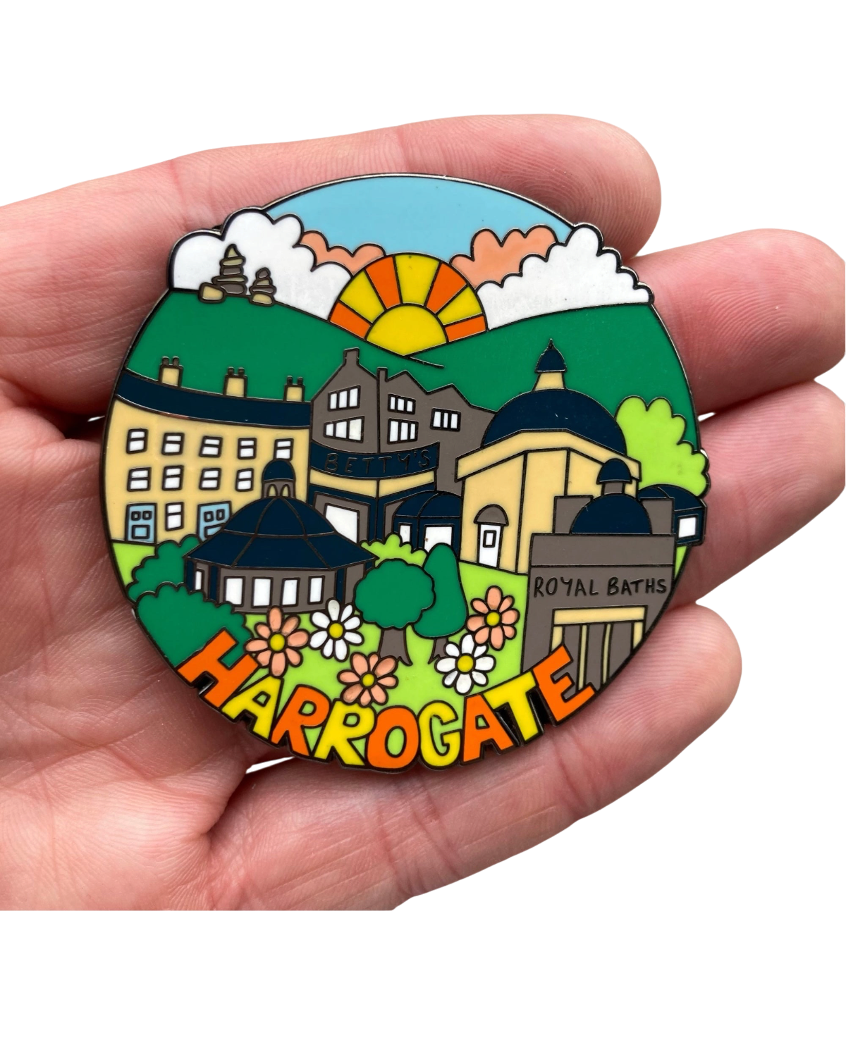 LighthouseLane Harrogate enamel magnet featuring a colourful hand-drawn illustration of the spa town landmarks.