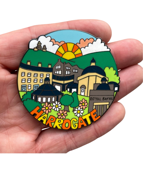 LighthouseLane Harrogate enamel magnet featuring a colourful hand-drawn illustration of the spa town landmarks.