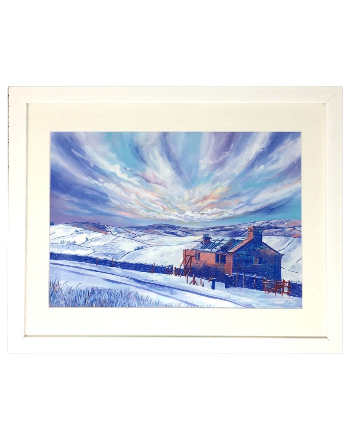 LighthouseLane framed Haworth Bronte landscape print featuring a stone cottage in a snowy Yorkshire winter scene